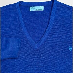Vintage Christian Dior Sweater Mens XL Blue Orlon Acrylic Stretch USA 80s V-Neck